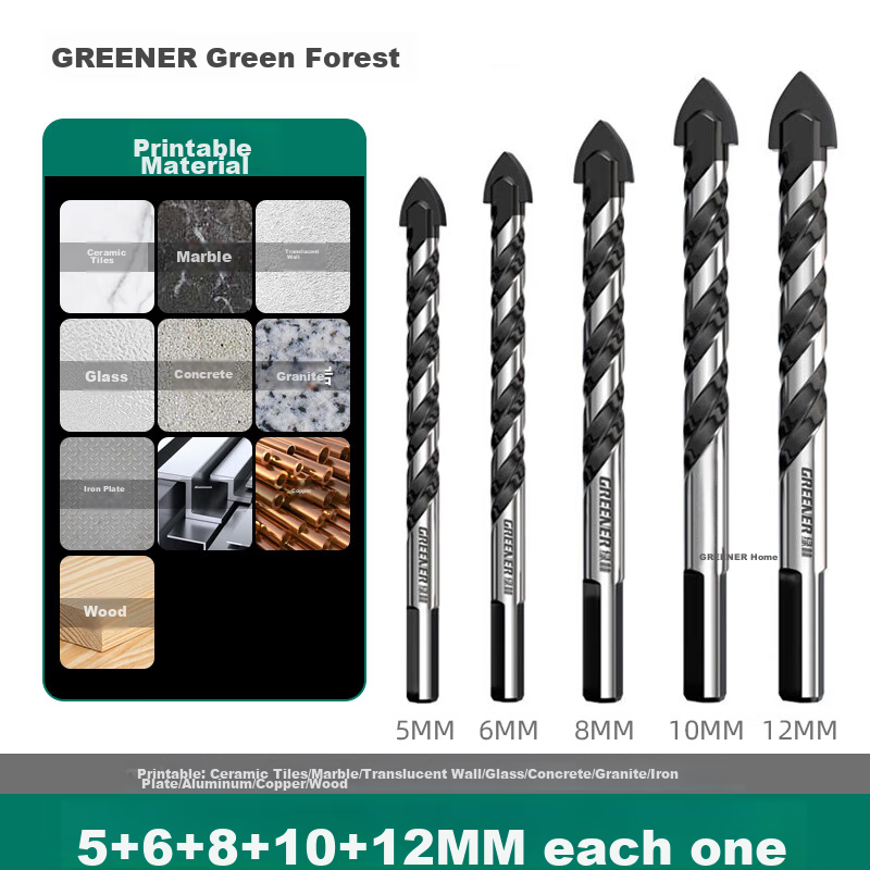 GREENER Triangular Drill Bit for Concrete, Tile, And Cement Wall Drilling, Black Diamond (5+6+8+10+12mm)