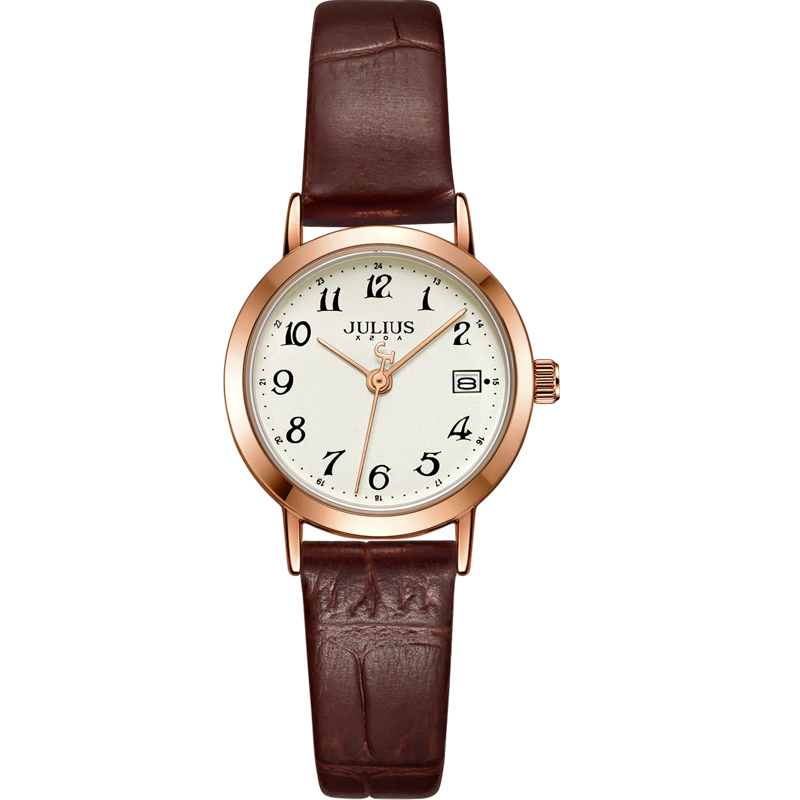 Julius Women's Watch Gift Box, Vintage Calendar, Student Commuter Waterproof Quartz Ladies Watch with Brown Strap And Gold Dial MGSL-1404B