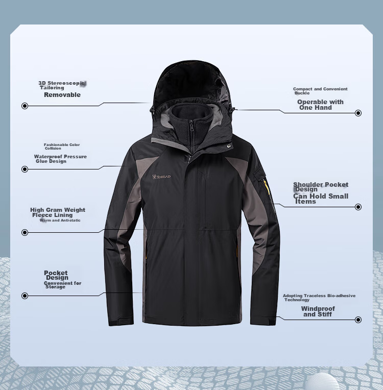 TOREAD Women's Outdoor Three-In Fleece Jacket, Detachable Two-Piece Set, Windproof, Warm Mountaineering Suit, Cold-Resistant Coat 4