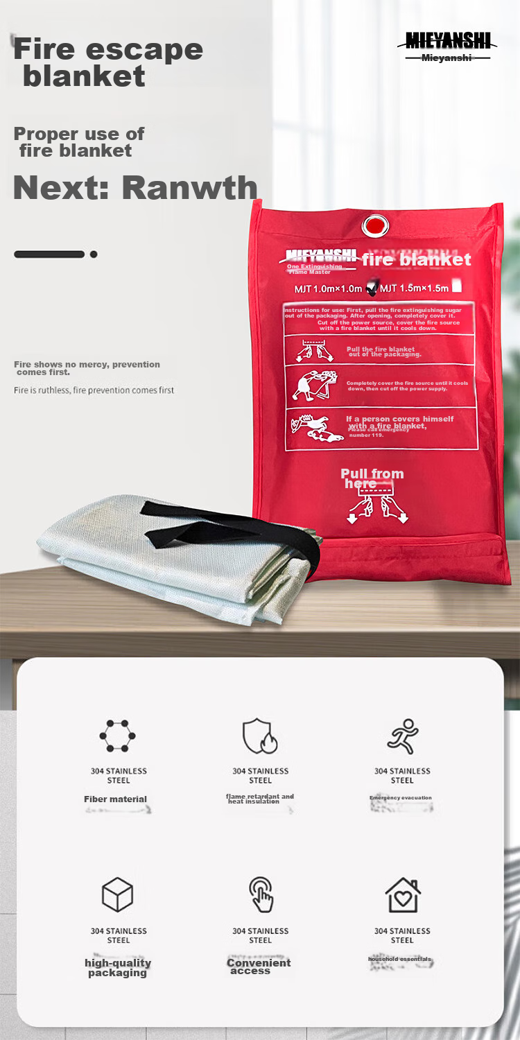 Mieyanshi Fire Blanket, Fiberglass Fire-Resistant Mat, for Home Kitchen Canteen Use, with Fire Extinguisher, Escape Blanket, 1.5M, 1 Bag 2