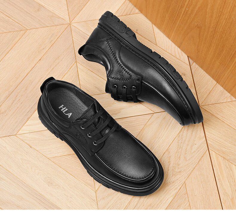 HLA Spring Men's First Layer Cowhide Leather Dress Business Casual Shoes 010A Black Size 43 9