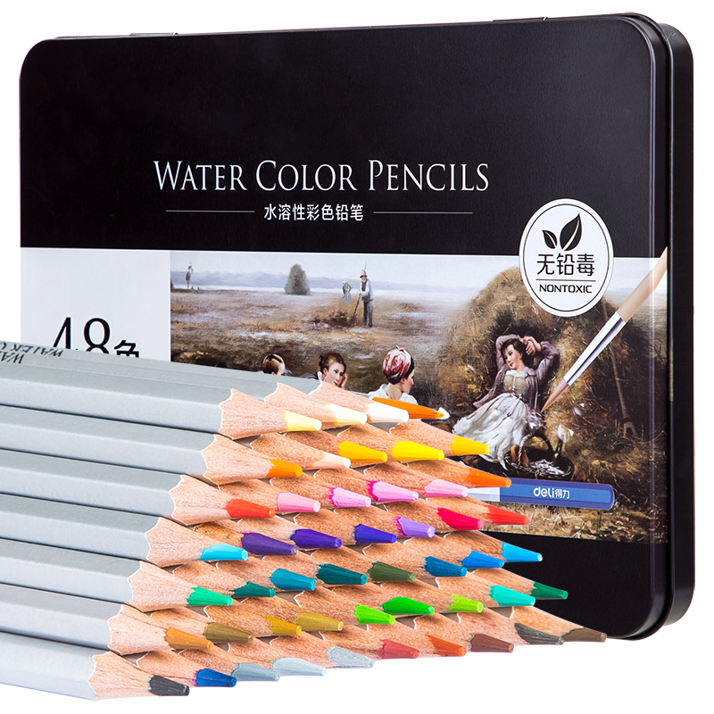 Deli 48-Color Master Colored Pencils in Tin Box, Water-Soluble Colored Pencils for Students, Art Majors, Coloring And Drawing, Set with Brush (Graduation Gift)
