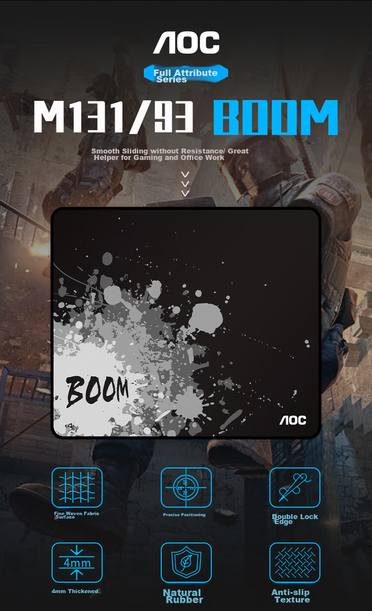 AOC Full-Property Series Gaming Mouse Pad, Medium And Small Sizes, 350*300*4mm, Thickened with Locked Edges, Office Keyboard Computer Desk Pad, M131/93BOOM Black 1