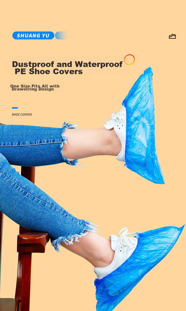 SHUANG YU Disposable Shoe Covers, 100-Pack, Dust-Proof Waterproof PE Foot Covers, Thickened Plastic Shoe Covers for Indoor Outdoor Home Use 1