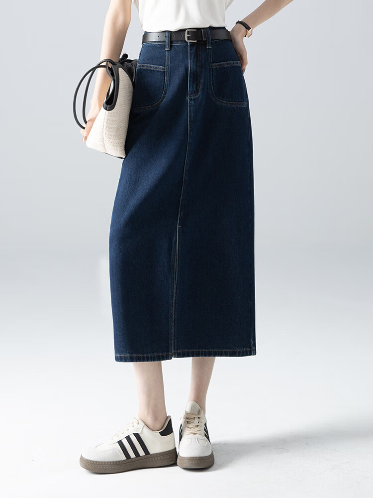 Dme New High-Waisted Retro Straight Loose A-Line Mid-Length Denim Skirt for Women, Dark Blue, Size 29 8