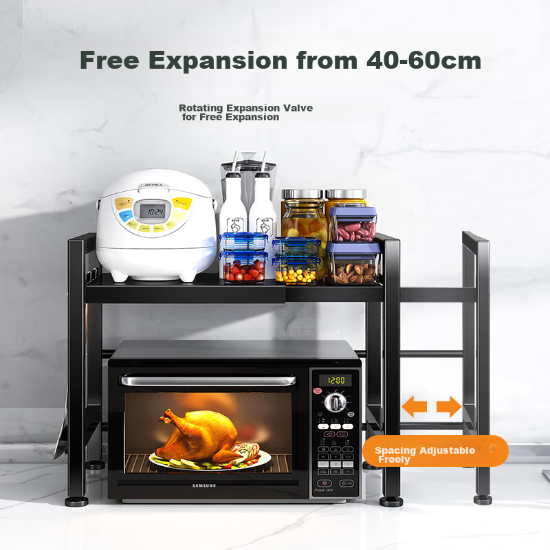 QIAONAMEI Kitchen Storage Rack, Extendable Microwave Oven Rack, Oven Shelf, Countertop Storage Rack, Double-Layer 7230-BK(C)
