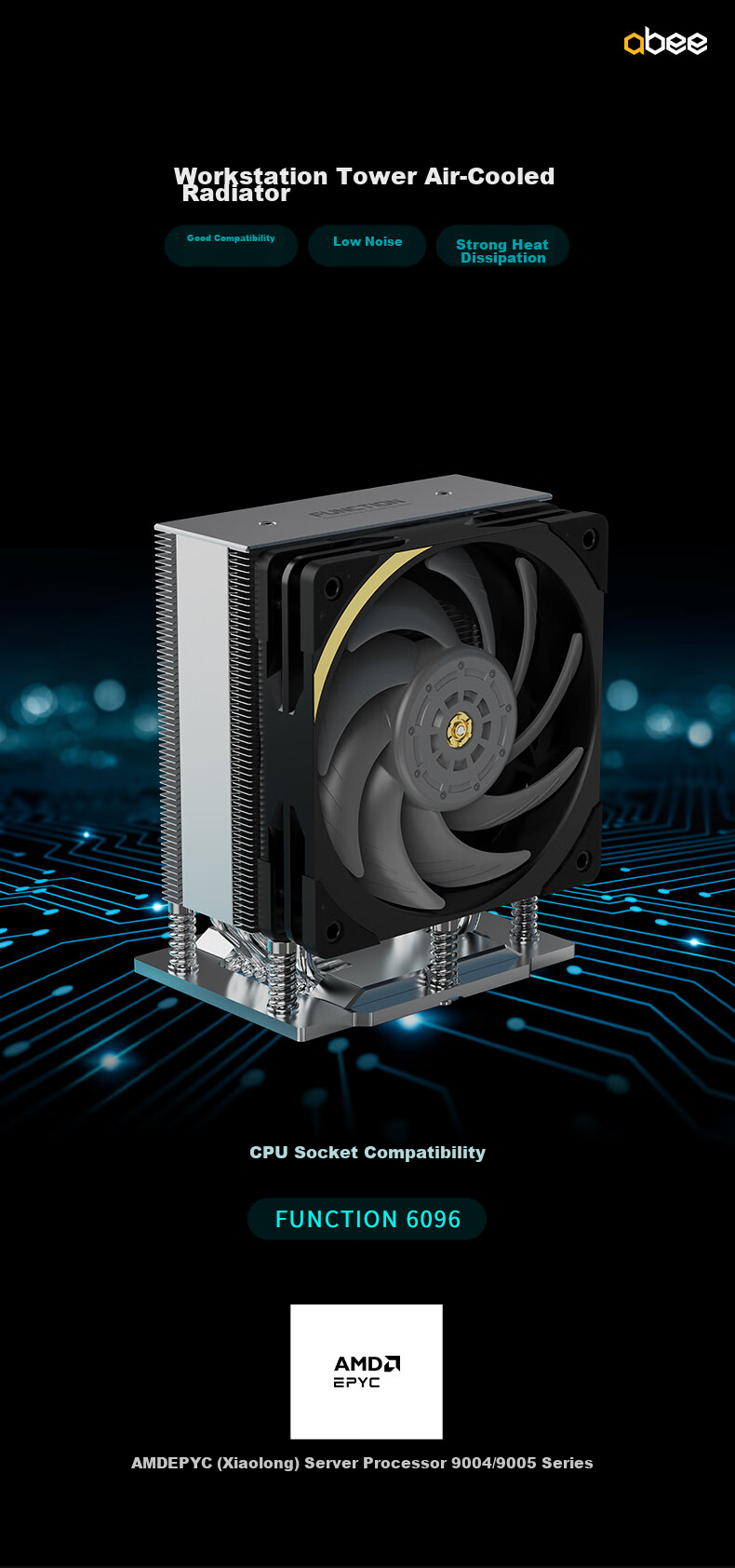 Abee FUNCTION 6096 AMD EPYC 9004 Series Workstation 4U Server Air-Cooled Heat Sink (6 Heat Pipes with Soldering, Low Noise CPU Full Coverage) 1