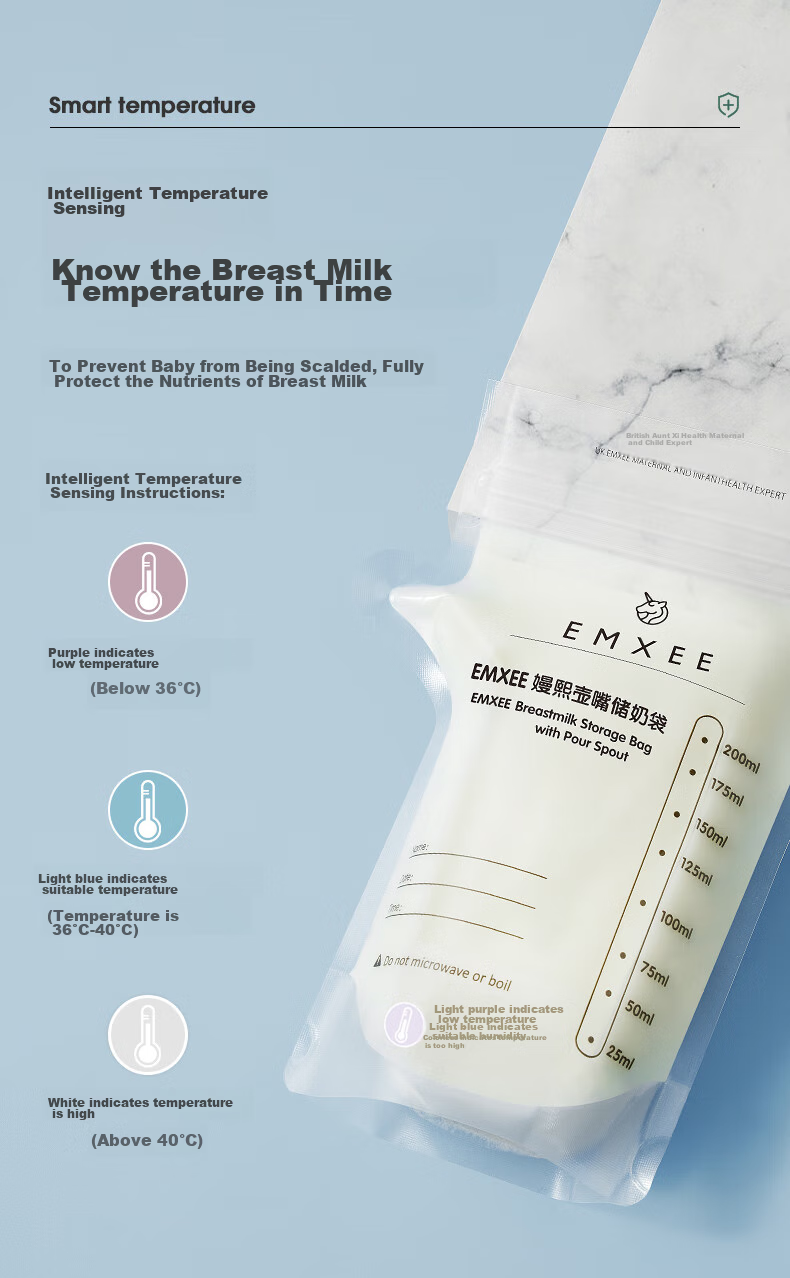 EMXEE Breast Milk Storage Bags, Disposable Breast Pump Bags, Nipple-Shaped Storage Bags, Refrigerated Milk Storage Bags, Leak-Proof, Temperature-Sensitive, 200ml*5 Pieces 7