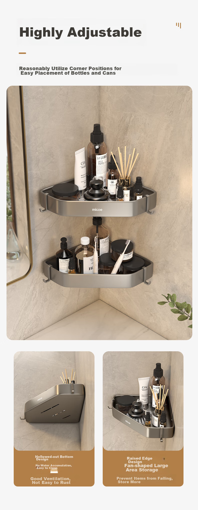 MICOE Gunmetal Space Aluminum Bath Towel Rack, Bathroom Thickened Foldable No-Drilling Towel Storage Rack, Bathroom Towel Holder 22