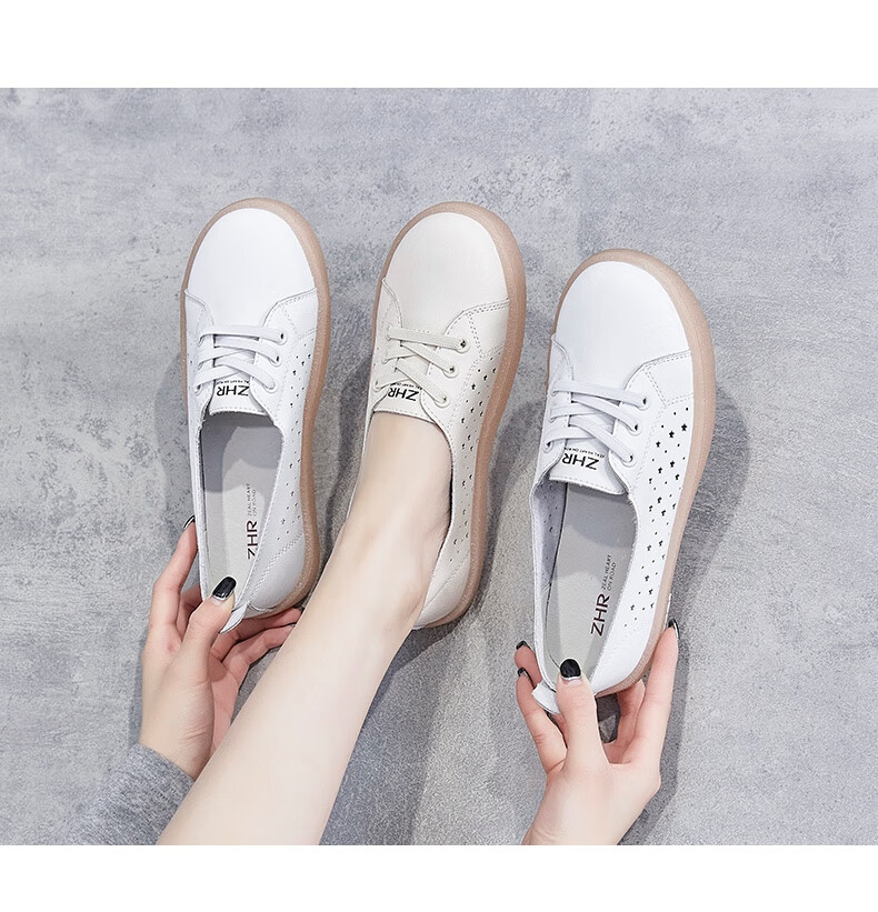 ZHR White Leather Shoes for Women with Jelly Sole, Breathable Mesh Hole Shoes, Summer Trendy Fashion Casual Versatile Flat Shoes, Soft Comfortable Low-Top Shoes for Women A66E Casual Shoes Beige 35 4