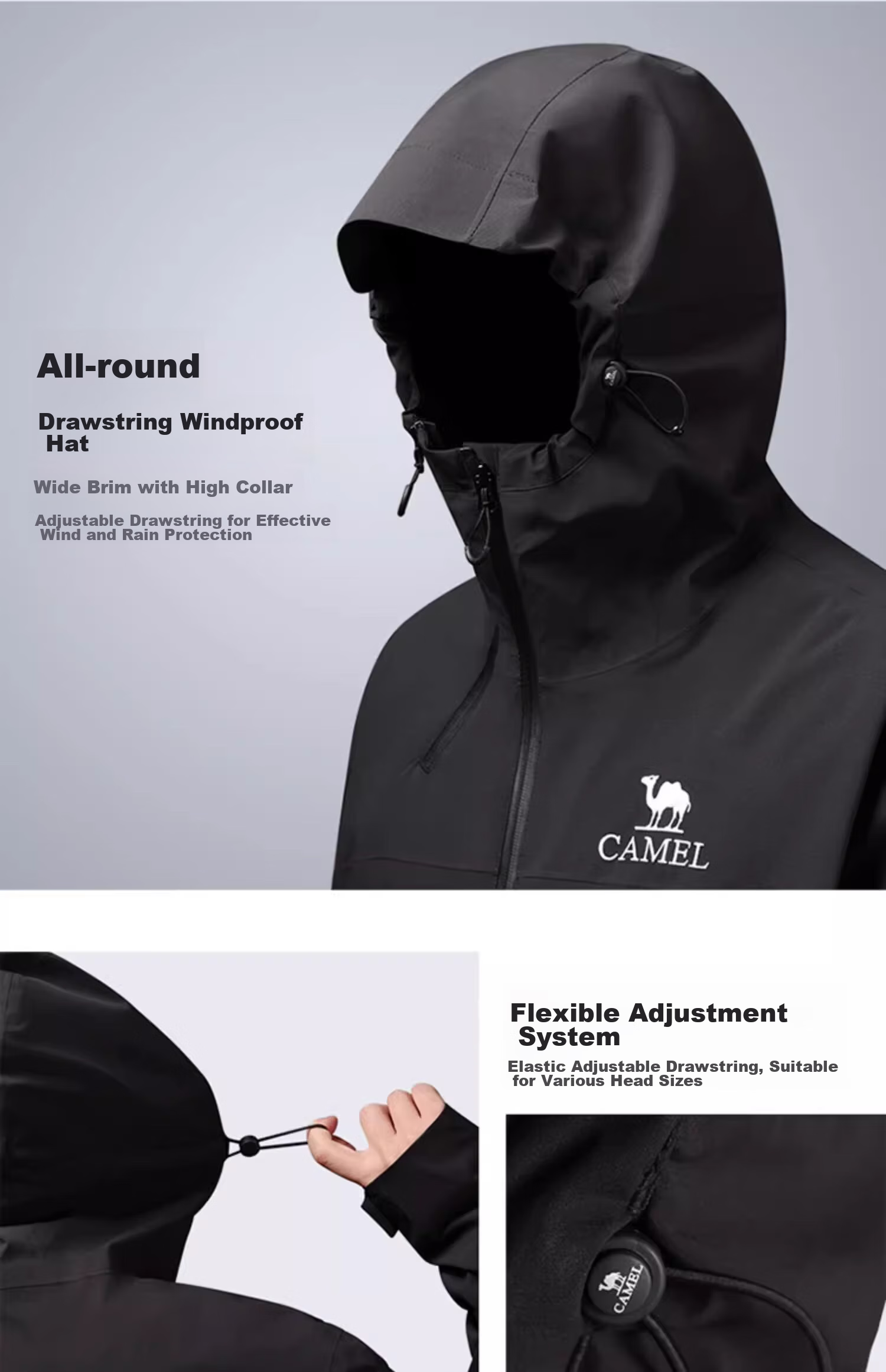 CAMEL Outdoor Hardshell Jacket for Men And Women, Windproof And Waterproof Coat, New Autumn Hiking Wear 2024 [Black Armor] R727 26