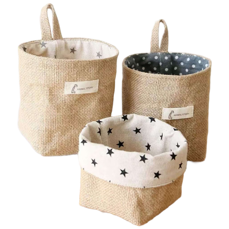 Fanyejia Japanese Cotton And Linen Storage Hanging Bags, 3 Pieces, for Over-The Or Desktop Organization, Yellow Jute Storage Pouches for Bathroom Use