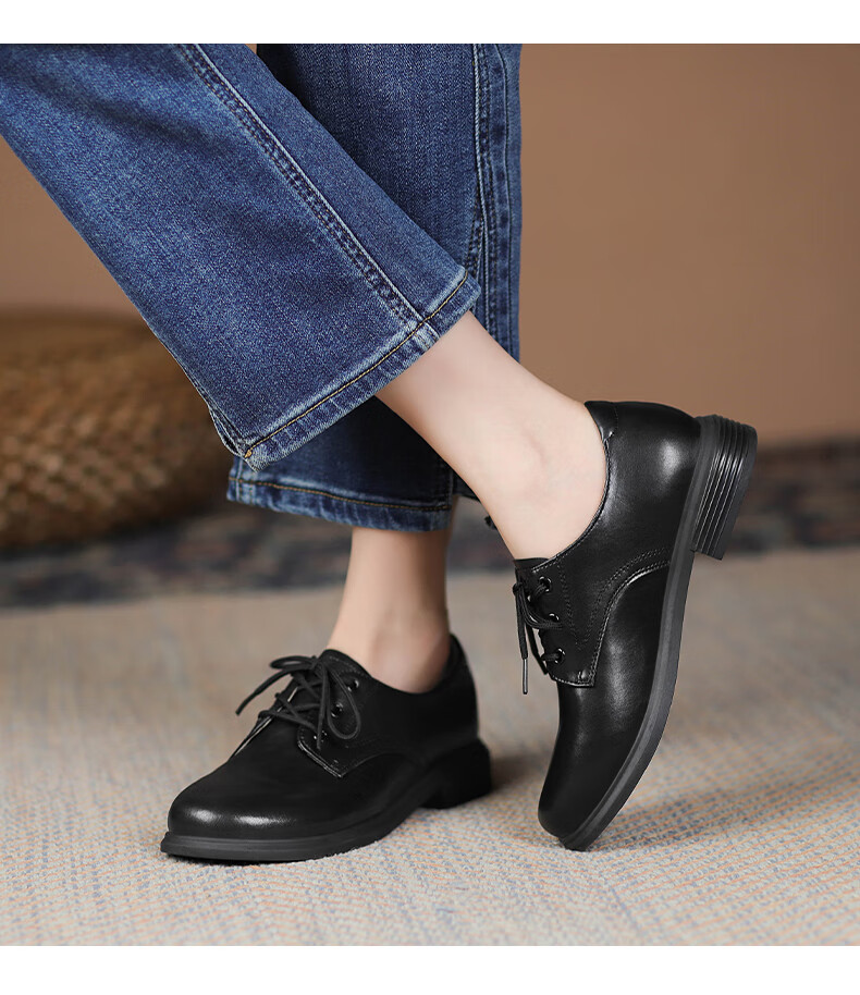 ZHR British Style Women's Leather Shoes with Round Toe And Lace-Up, Genuine Leather Chunky Heel Pumps AY127 Black Size 37 12