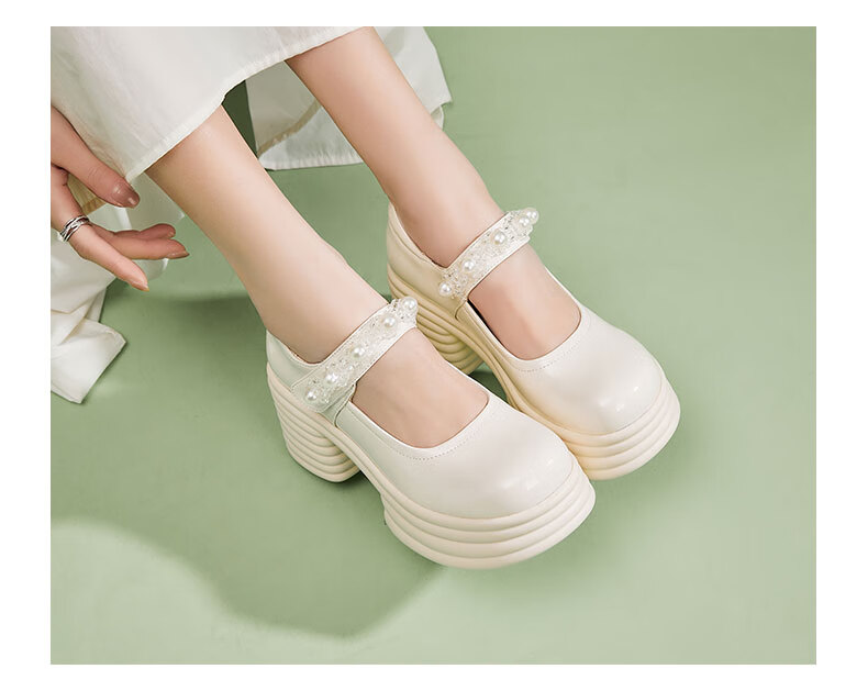 Daphne Ultra High Heel Mary Jane Women's Chunky Heel Height Increasing Oxford Shoes British Style Versatile Beige Leather Shoes Size 38 6