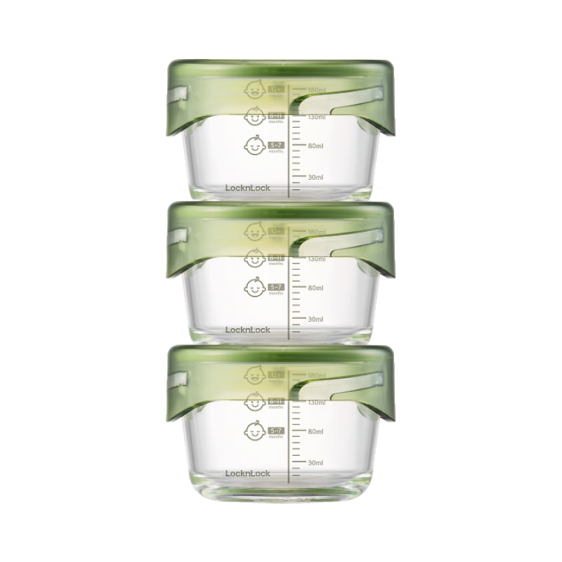 LOCK&LOCK Baby Food Container Set, Heat-Resistant Glass Baby Food Bowl, Steaming, Boiling, Freezing And Storage Container, Green, 215ML*3