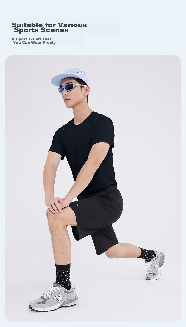 JD Original [Ultra-Light Set] Moisture-Wicking Quick-Dry Running Sports Round Neck Short Sleeve Five-Point Shorts for Men, Spring And Summer, Black S 12