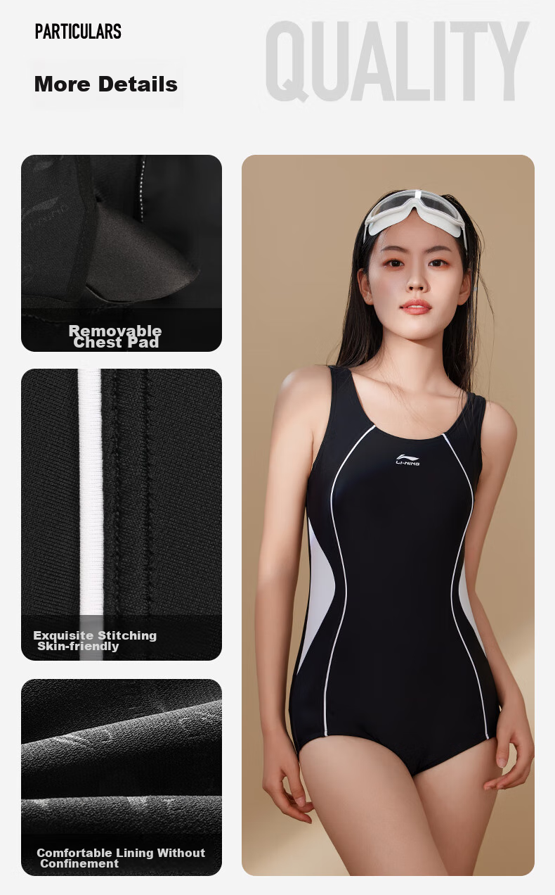 Li-Ning Women's One-Piece Professional Swimsuit, Plus Size Hot Spring Swimwear, 4601 Black And White, Size L 10