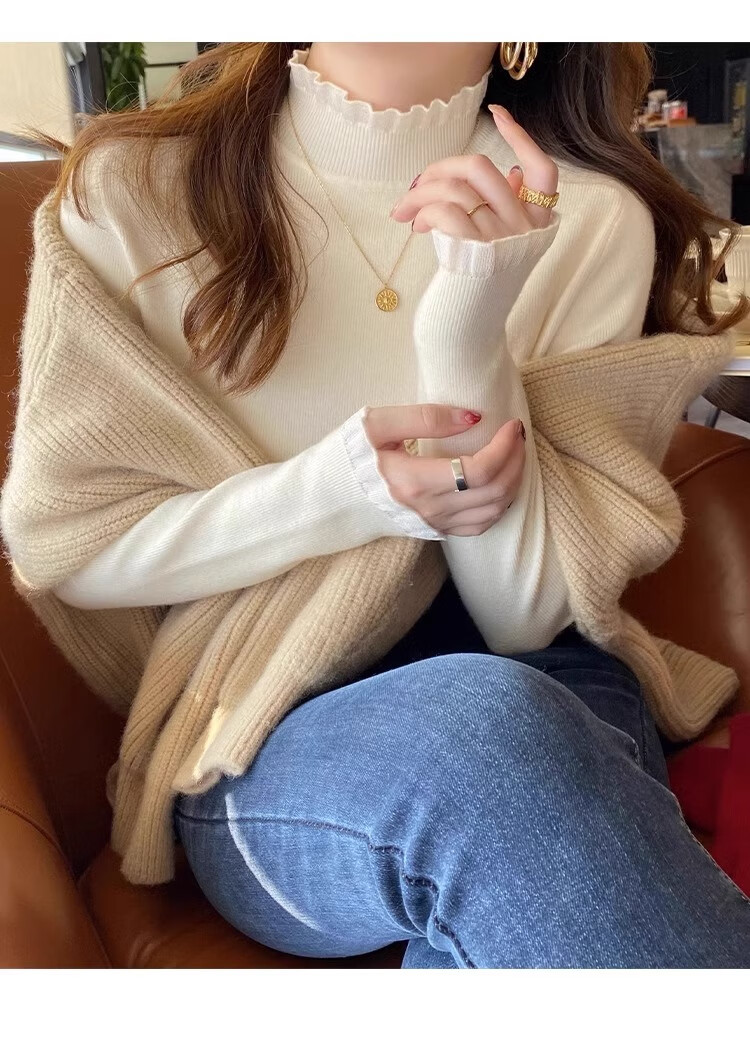 YUZHAOLIN Lace Semi-Turtleneck Base Layer Women's Inner Knit Sweater, Slim Fit, Unique Design, Long-Sleeve Top, White 11