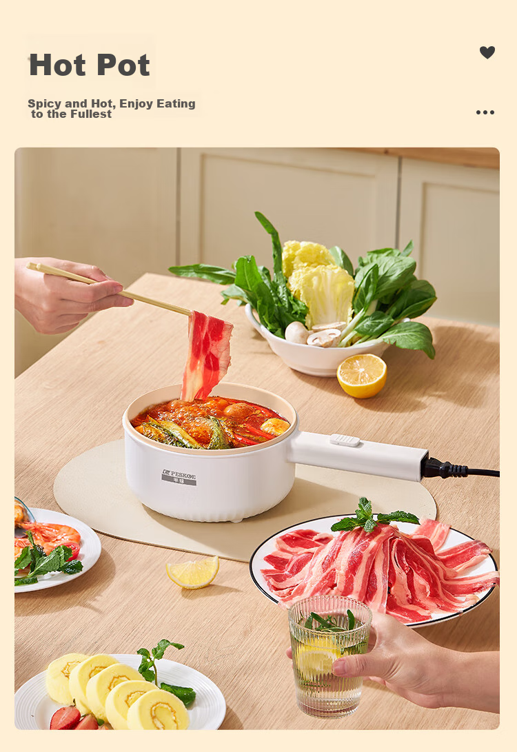 PESKOE Titanium Coated Electric Cooking Pot 1.6L Electric Hot Pot Electric Frying Pan Small Electric Pot Multifunctional Hot Pot Noodle Cooker GY-001 9