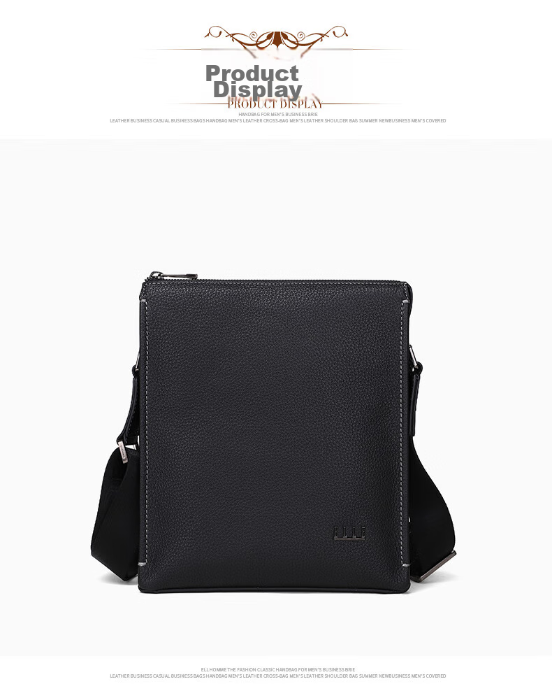 ELLE HOMME Men's Business Shoulder Bag, Fashionable Top-Grain Leather Crossbody Bag with Large Capacity, Lychee Pattern Men's Bag EA088204740 Black Birthday Gift for Boyfriend 5