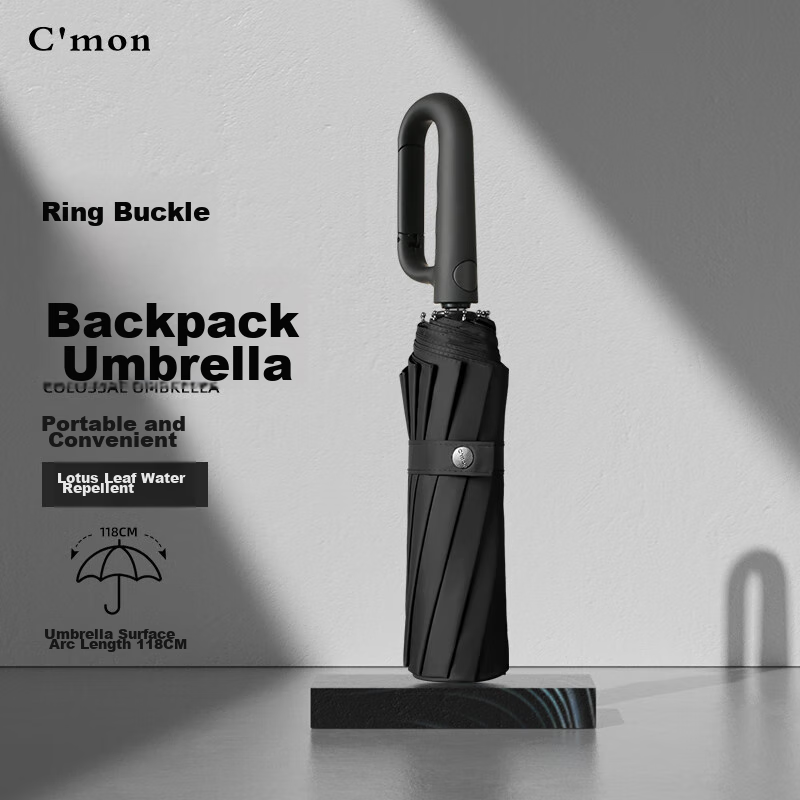 C'mon Fully Automatic Umbrella, Three-Fold Large Size, Sun Protection Umbrella, Sunshade Umbrella for Men, Automatic Folding Umbrella with Ring, Black