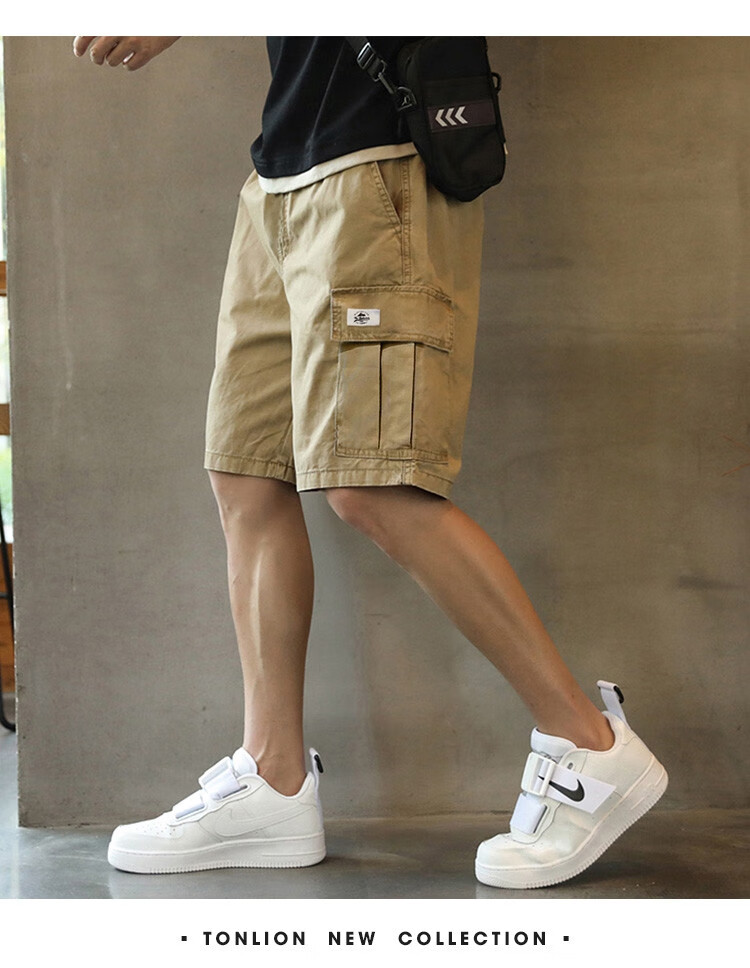 TonLion 2024 Men's Cargo Small Logo Loose Casual Shorts, Khaki, XL 4