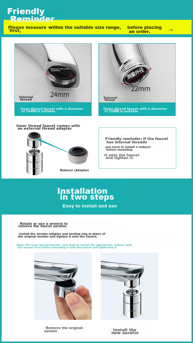 ARROW Anti-Splash Head Extender, Pressure-Boosting Universal Swivel Adapter, Aerator Filter Outlet Nozzle AE5942-W 2