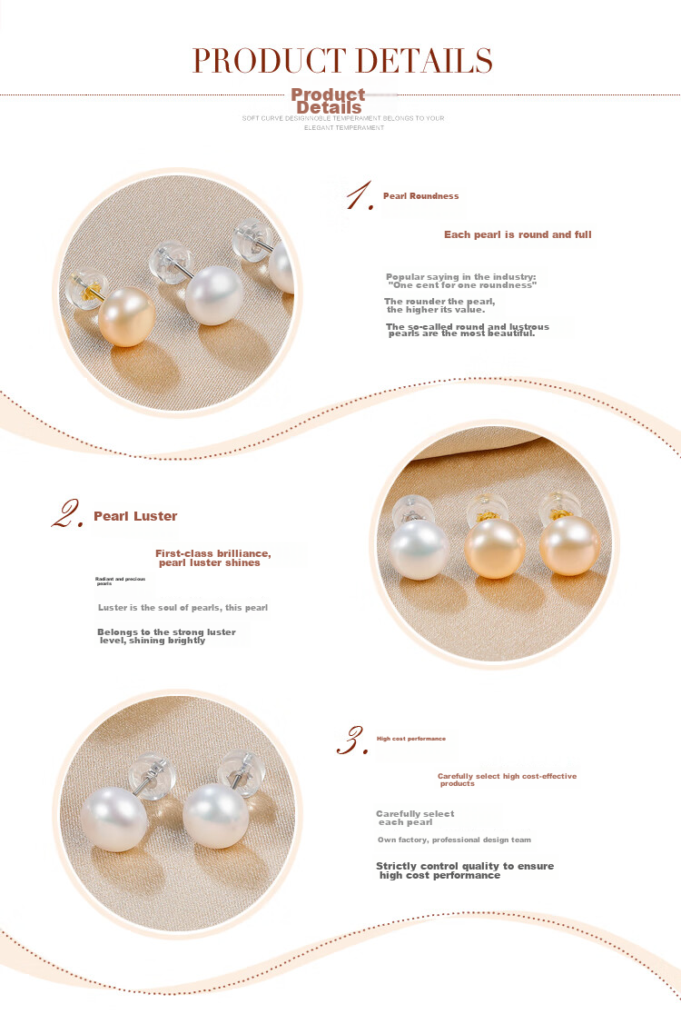 PearlQueen 8-8.5mm Pearl Earrings, S925 Silver Elegant Pearls Studs, Gift for Girlfriend, One Box of Three Pairs 3