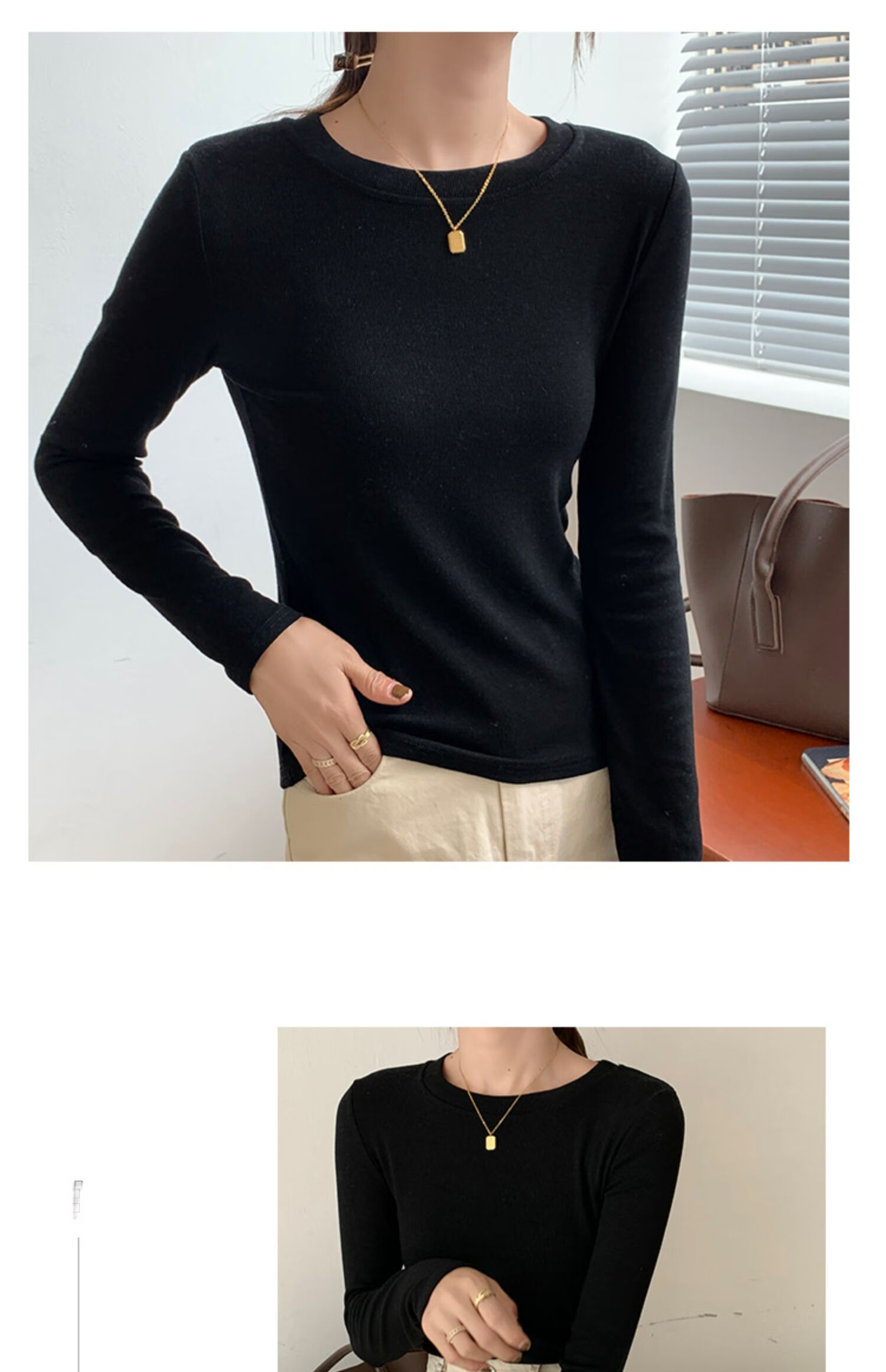 YUZHAOLIN Women's Base Layer Top for Spring And Autumn, Thin Undershirt, Round Neck Ribbed Black And White Long-Sleeve T-Shirt for Fall And Winter 11
