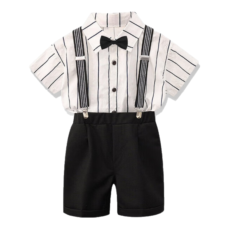 LUOBOBEIBEI Boys' Formal Wear Summer Casual Shirt And Suspender Shorts Set Birthday Host Performance Outfit Shirt Four-Piece Set 150