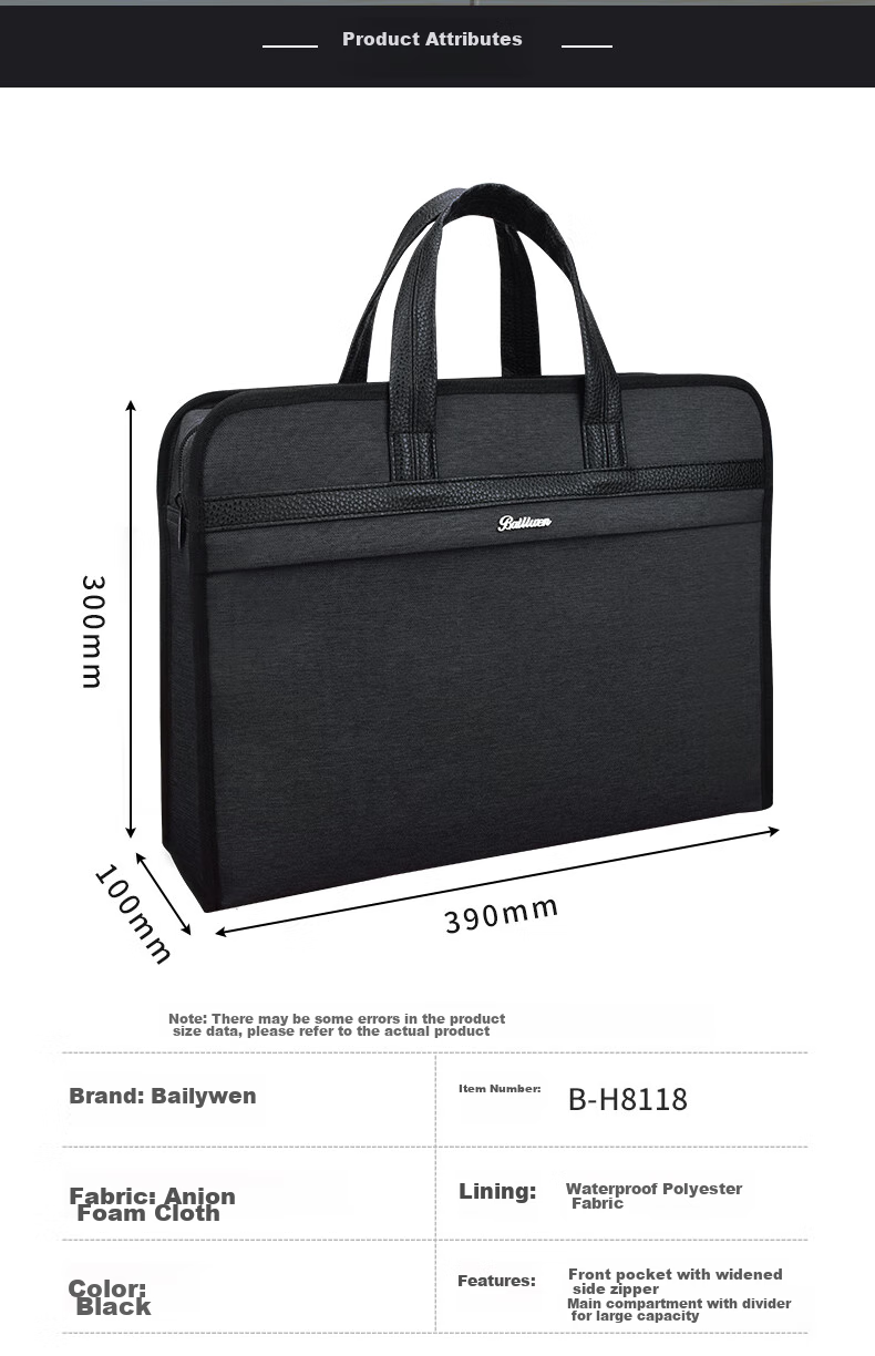 Bailiwen H8118 Black 3D Enlarged Double-Layer Handbag, Document Bag, File Bag, Zipper Bag, Business Handbag, Briefcase, Travel Commute Tote Bag 2