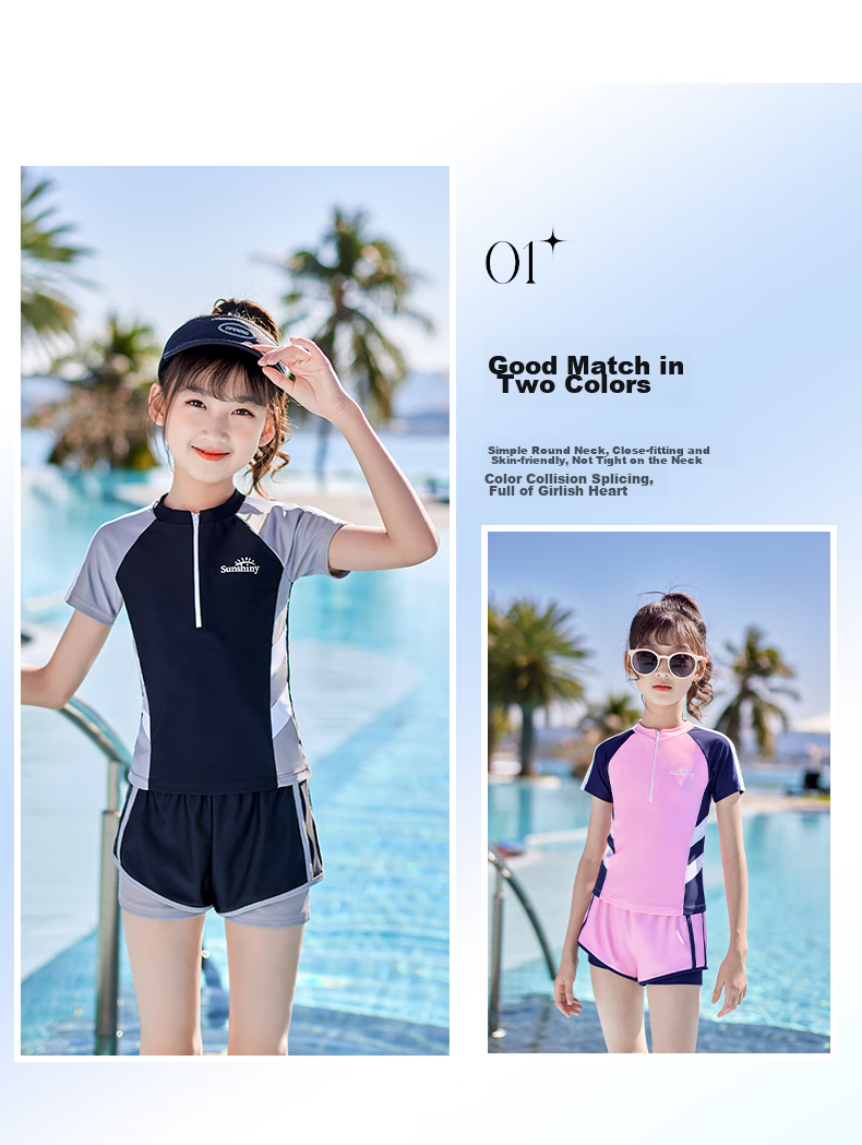 Youyou Girls' Two-Piece Swimsuit, Breathable Hot Spring Swimming Set, Four Pieces, 32005 Pink XL 3