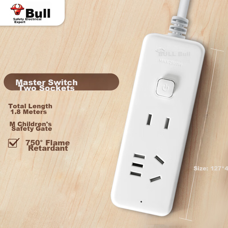 BULL Power Strip/Extension Cord/Power Bar/Surge Protector Board with 2 Outlets And Master Switch, 1.8m Long