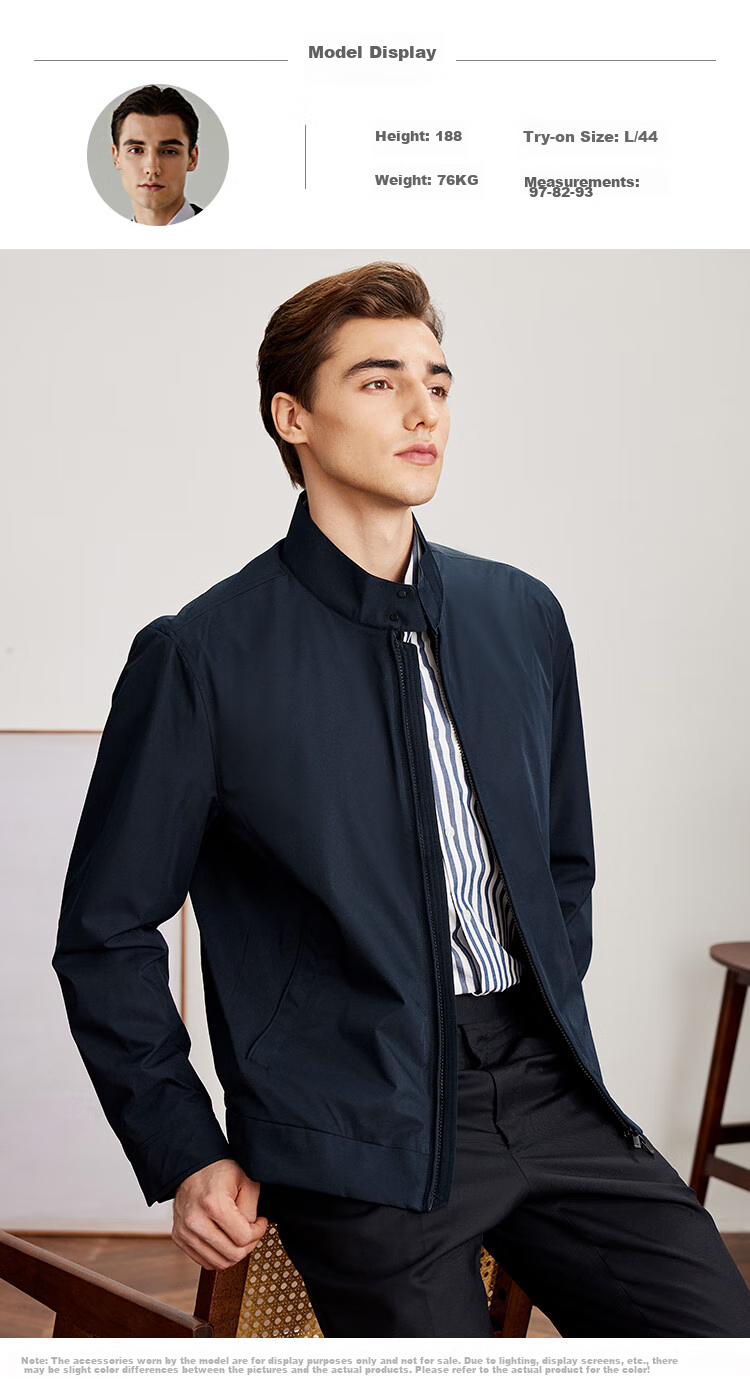FIRS Harrington Stand-Collar Jacket for Men, Business Casual Commute Windproof Wrinkle-Resistant Coat, Navy Blue, 170/88A 8
