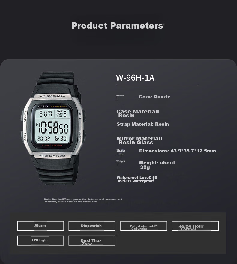 CASIO Men's Small Square Series Outdoor Waterproof Sports Student Watch Luminous Digital Watch Gift for Boyfriend W-96H-1B 8