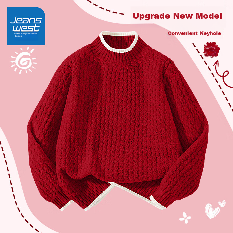 Jeanswest Children's Sweater, 2025 Girls' Knitted Sweater, Red New Year's Outfit, Boys' Autumn And Winter Warm Clothing, Mid to Big Kids' Top