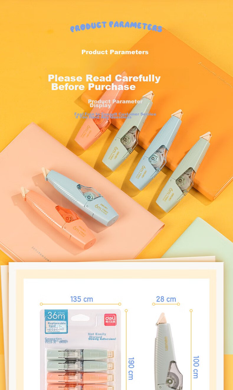 Deli [Lowest Price Online] 36m Pen-Style Correction Tape Refills, Large Capacity Refillable, Student Back-To Stationery Correction Tape, Pack of 6, Correction Tape 11