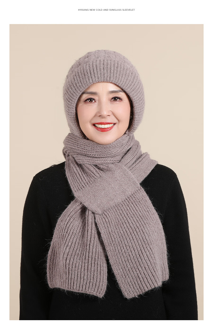 Hengyuanxiang Middle-Aged And Elderly Hat Scarf Integrated Knitted Cap, Winter Warm Rabbit Fur Fleece-Lined Gift for Elders 12