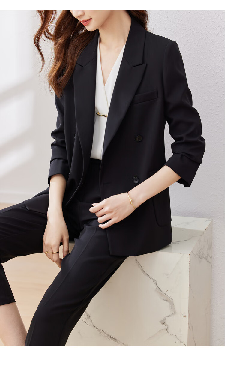 Sentubila Formal Professional Suit Set for Women, Spring And Autumn Elegant Blazer Jacket with Cropped Pants Two-Piece Set, Black, Size S 16