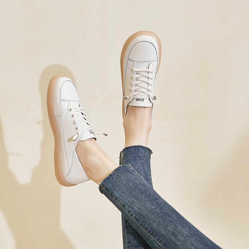 ZHR Casual Shoes for Women, Genuine Leather, Slip-On, Jelly Sole, Comfortable, Versatile, Sports, No-Tie Flat White Shoes for Students, A77, Beige, Size 37