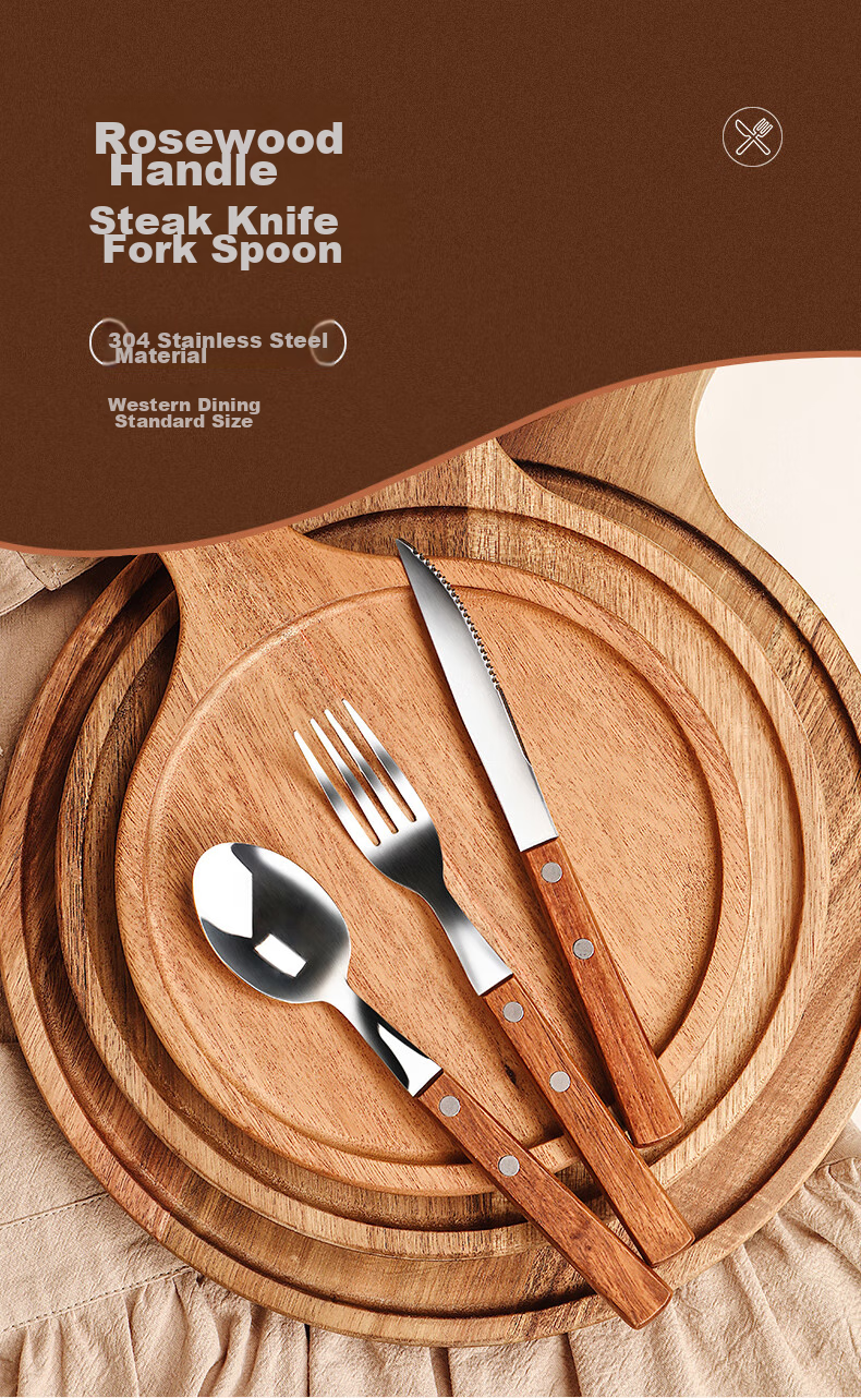 CRISTALGLASS 304 Stainless Steel Steak Knife And Fork Set, Rosewood Handle Thickened Cutlery Set for Western Cuisine 1