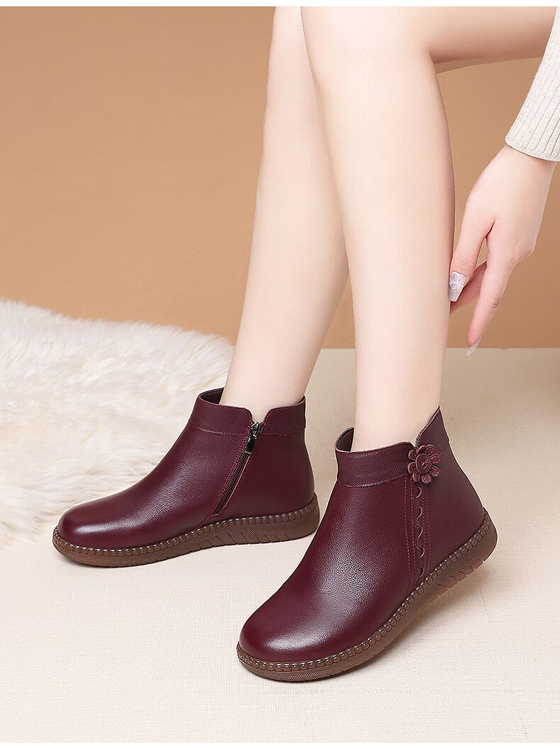 Red Dragonfly Women's Mid-Aged and Elderly Mom Boots, Fleece-Lined Warm Handmade Cowhide Soft Leather Ankle Boots WLC435221R 3