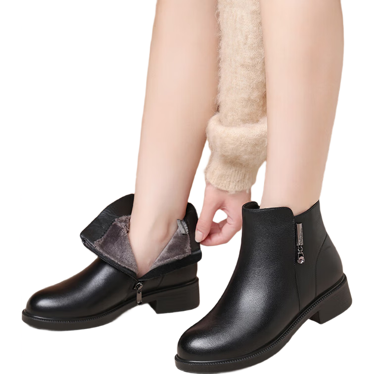 Red Dragonfly Women's Short Boots Fleece Lined Warm Fashion Boots Women's Chunky Heel Leather Mid Heel Cotton Boots WTC434351C
