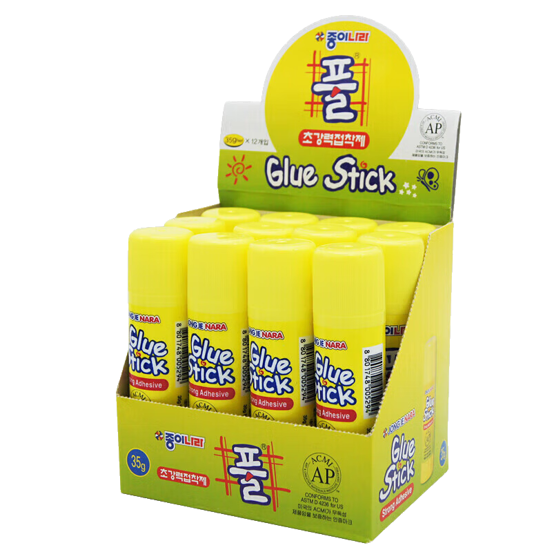 JONG IE NARA South Korean Imported 35g High-Adhesive Solid Glue Stick, Yellow, Quick-Drying And Durable, for Study, Daily Life, Crafts, Office Supplies, 12 Pieces/Box
