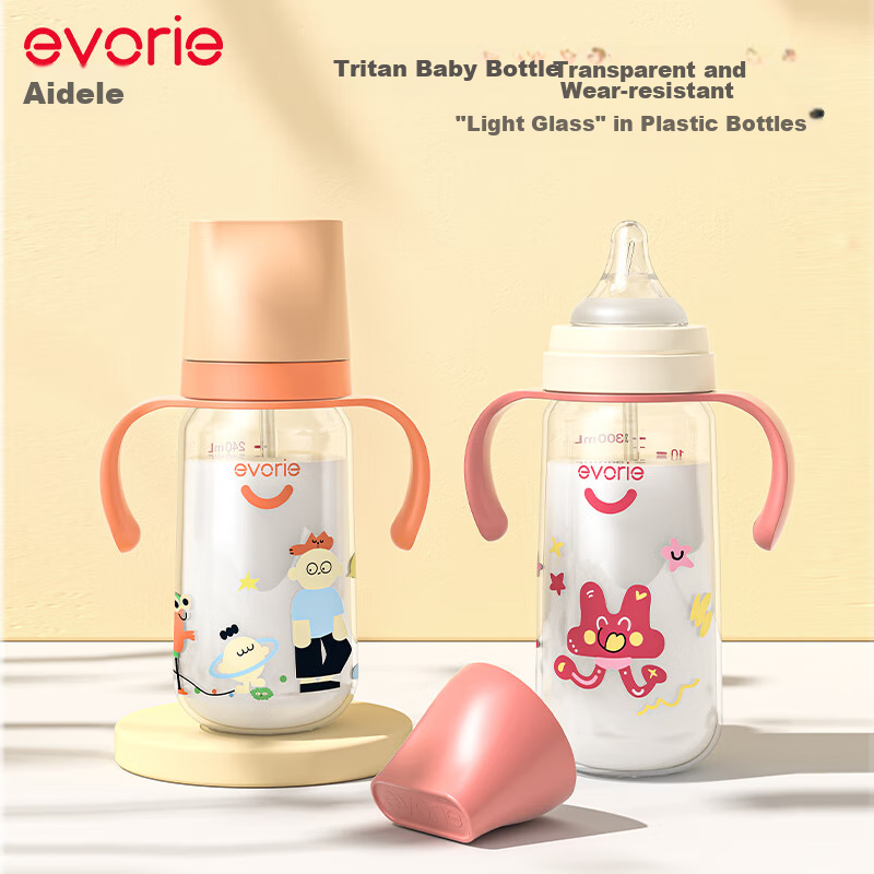 Бутылочка для кормления Evorie с широким горлышком, двойными ручками и шариком-утяжелителем, Tritan 240 мл, Party Orange (6 месяцев+)