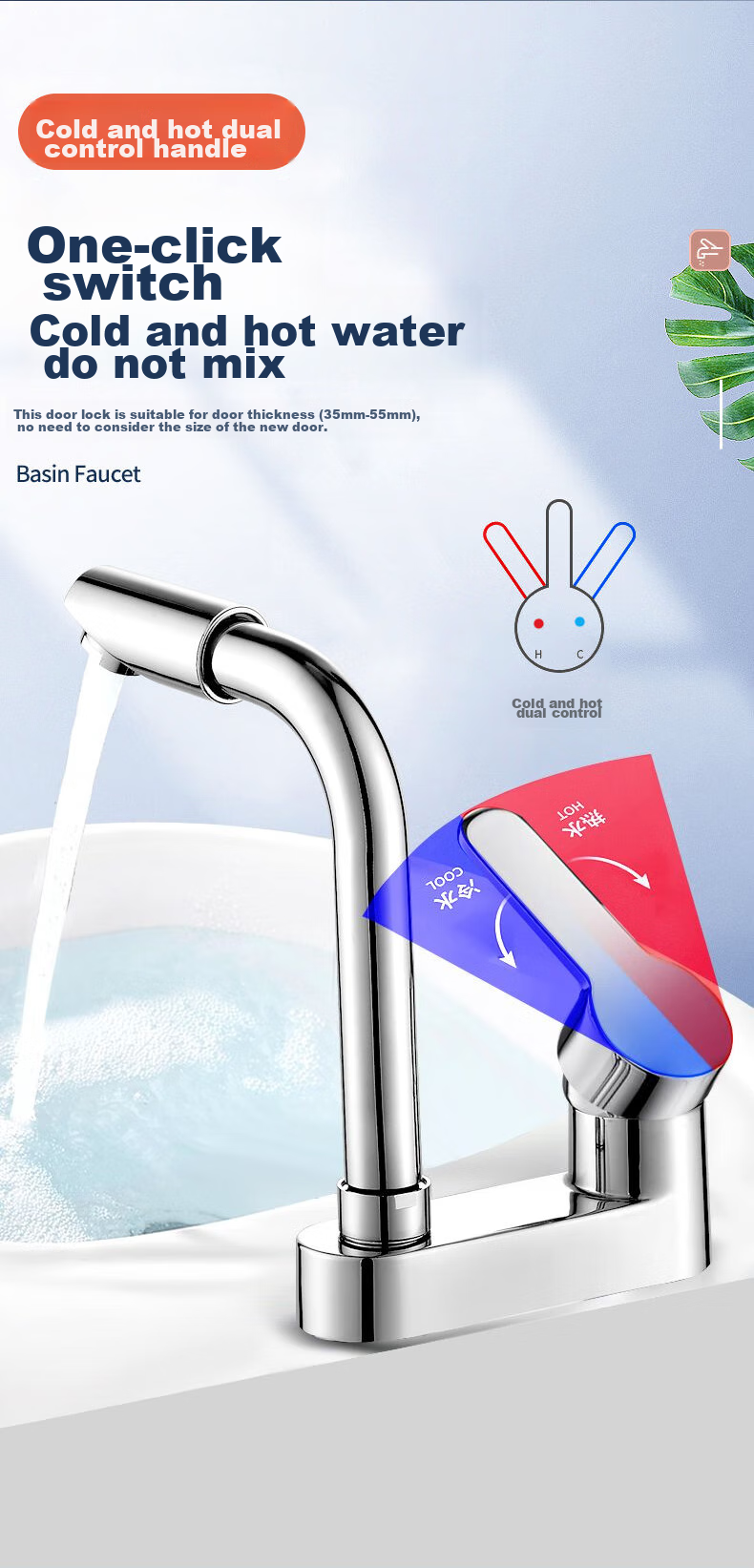 BSITN Double-Hole Basin Faucet, Washbasin Cold And Hot Thickened Brass 720° Rotating Bathroom Faucet B8057 10