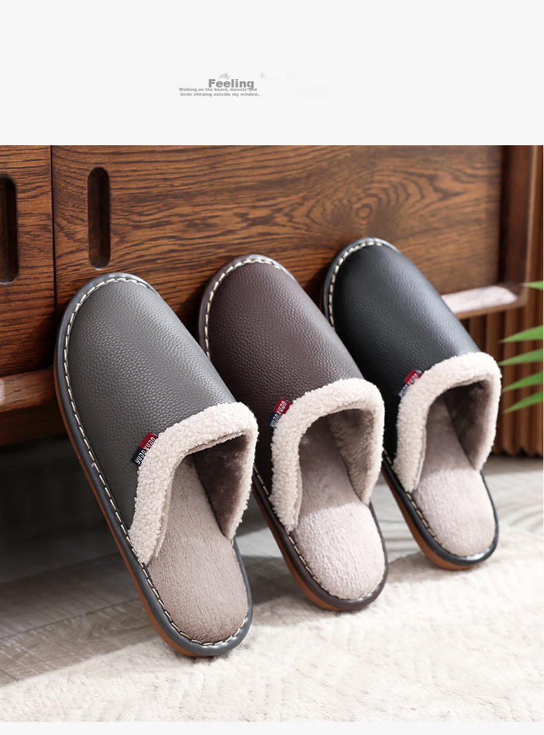 GUOLUOFEI Waterproof PU Leather Cotton Slippers for Men And Women, Winter Outdoor Wear Non-Slip Indoor Maternity Shoes Home Cotton Shoes, Black, Size 44/45 15