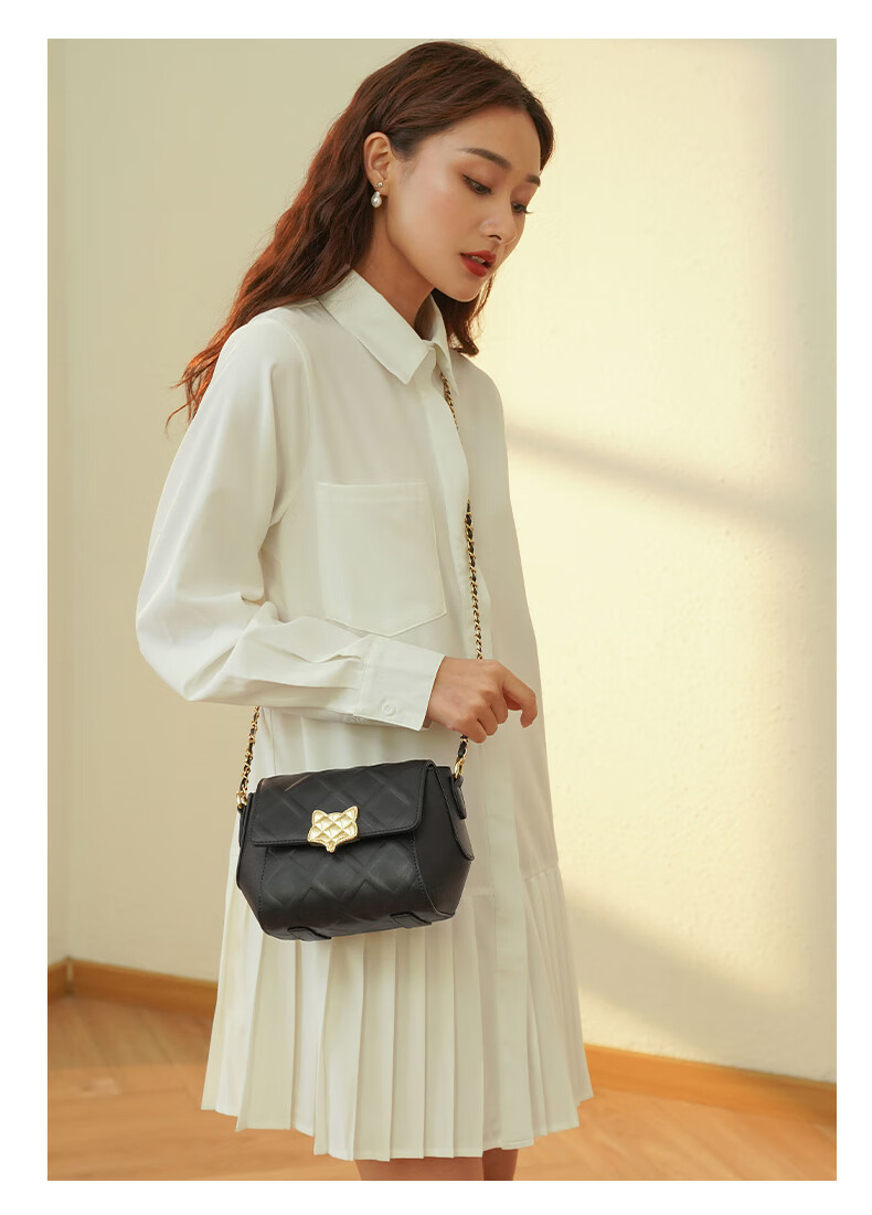 金狐狸(foxer)包包女包牛皮单肩包女潮流时尚菱格链条休闲百搭翅膀包