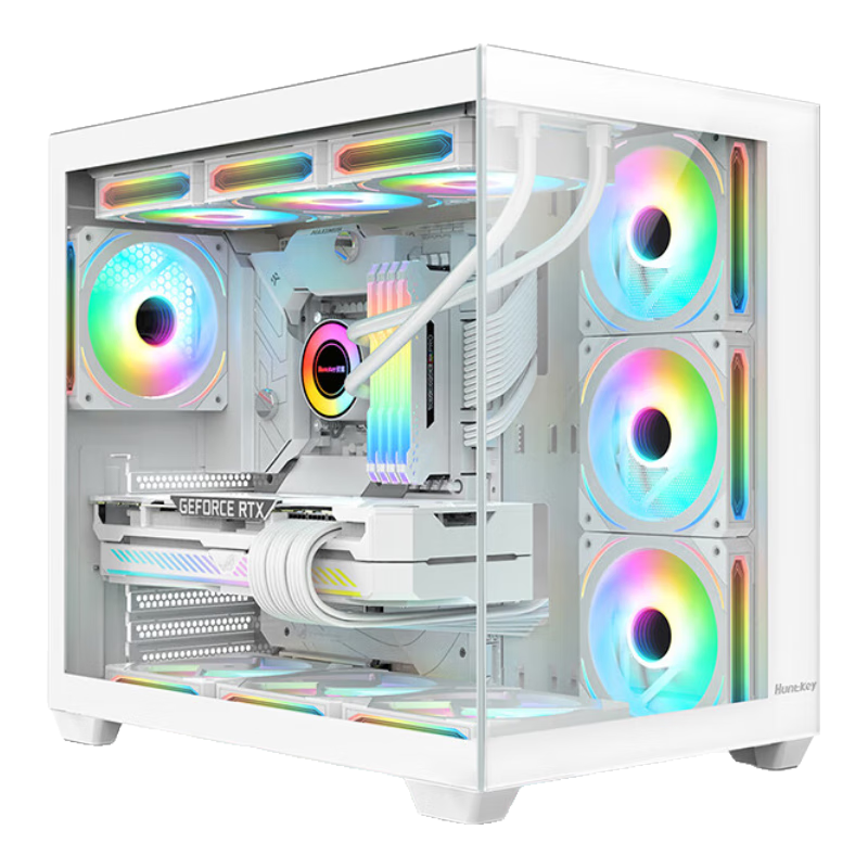 Huntkey S980 White Panoramic Edition Seaside View Case (Tempered Glass, Left And Right Zones, 360mm Water Cooling, 10 Fan Positions, ATX Motherboard, 40 Series Graphics Card)