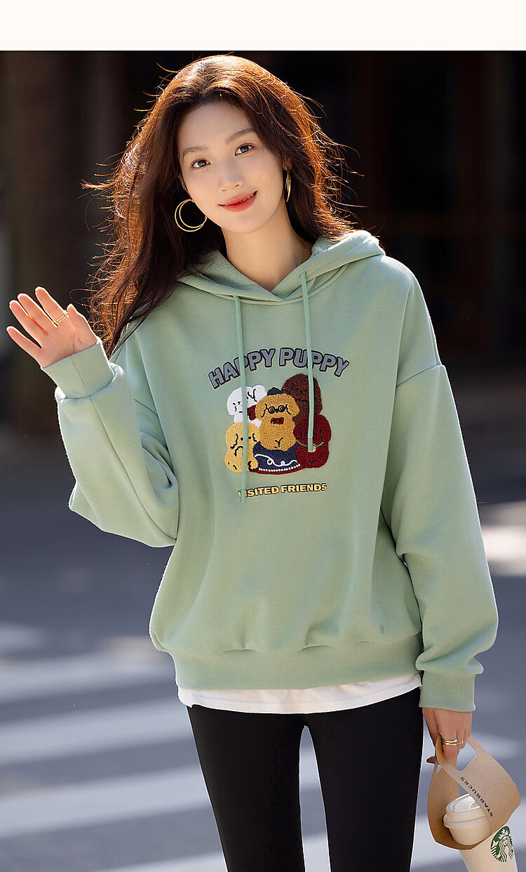 Dme Winter Casual Hooded Letter Animal Towel Embroidery Fleece-Lined Warm Sweatshirt Women's Top, Light Water Green, XL 22